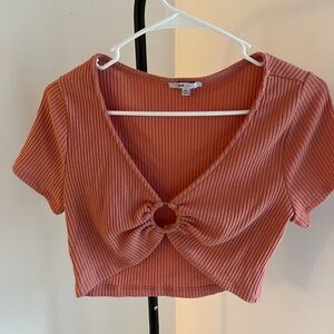 Ribbed Ring Front Crop Top - Salmon